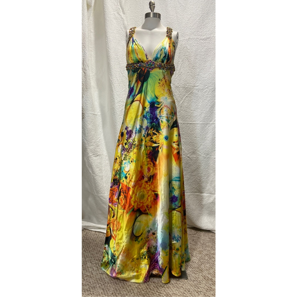 Vibrant multicolor Beaded floral gown V-neck empire waist, size XS - Picture 5 of 12